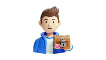 3D Cartoon boy holding treasure chest with lock and heart on transparent background