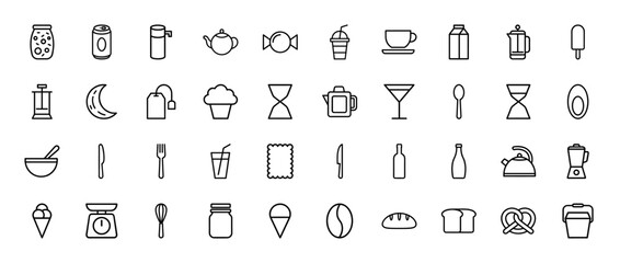 Fototapeta premium Kitchen and food line icon set. Vector pictograms of kettle, bread, coffee, cupcake, cutlery, bottle, jar, glass, and blender, thin outline illustration.
