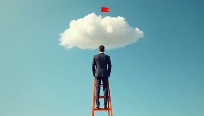 Man in suit climbs ladder towards cloud with red flag. Symbol of ambition, career goal, future achievement. Strategy, success, aspiration, high.