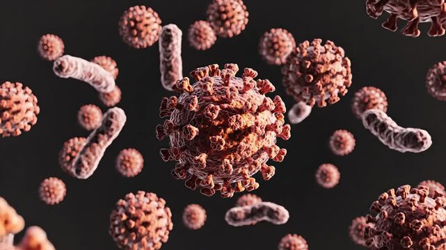 Microscopic view of virus particles and bacteria floating in a dark environment.