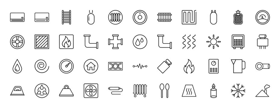 Heating and climate control icon set. Vector pictograms of radiator, air conditioner, thermostat, furnace, pipes, fan, and boiler, black thin outline illustration.