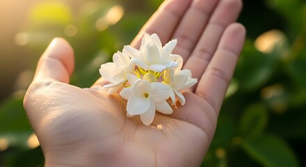 Delicate jasmine blossom resting gently on the open palm of a hand