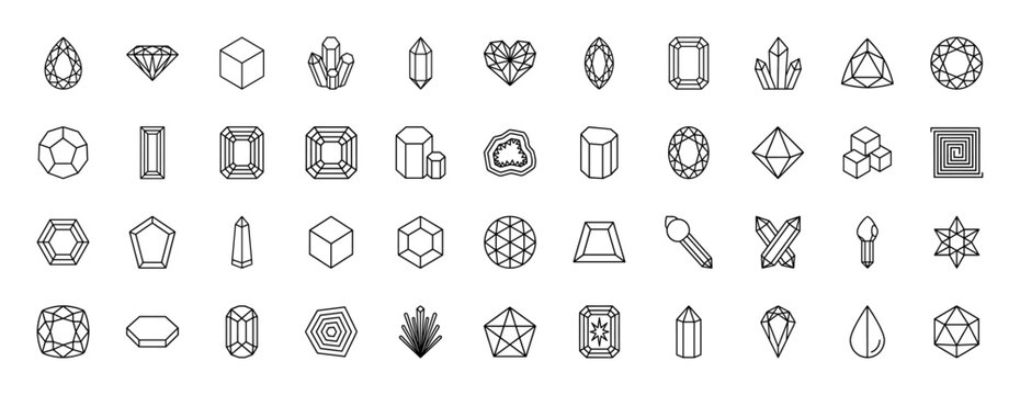 Crystal and gemstone line icon set. Vector pictograms of diamond, quartz, prism, mineral, jewel, geode, cluster, emerald and sapphire shapes, thin outline illustration.