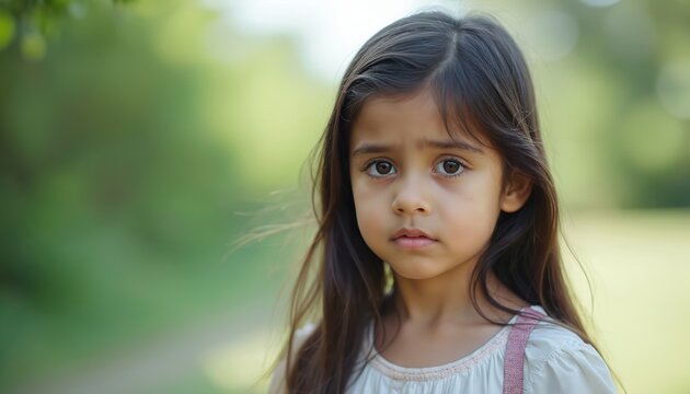 Little girl with worried look outdoors. Concerned childs expression on face, reflecting anxiety and stress. Young female looking at camera with troubled eyes, fear visible in gaze.