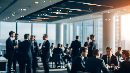 Business Meeting Professionals Networking in Modern Office Space with Natural Light from Large Windows, Corporate Environment View