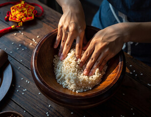 Fototapeta premium Rice Cake Mochi Making. Lunar New Year 2026 (Year of the Horse). A close-up of hands pounding glutinous rice in a wooden mortar to make mochi or Nian Gao (New Year's rice cake). 