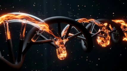 DNA helix illuminated by a flowing orange strand against a dark laboratory style background. Molecular structure and connectivity are shown with subtle data overlays and a sense of motion suitable for - Powered by Adobe