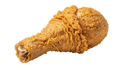 Crispy golden fried chicken drumstick with crunchy texture for food advertising photography isolated on white background
