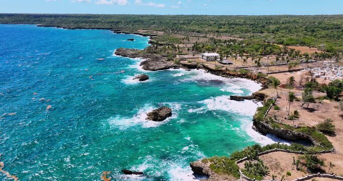 Caribbean sea rocky coastline Dominican Republic, Village Boca de Yuma and beautiful aerial view 