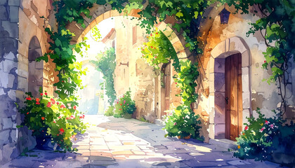 アーチと蔦のある街角_generated by AI