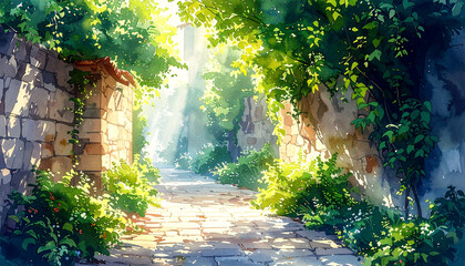 緑に包まれた石畳の路地_generated by AI