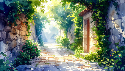 緑に包まれた石畳の路地_generated by AI