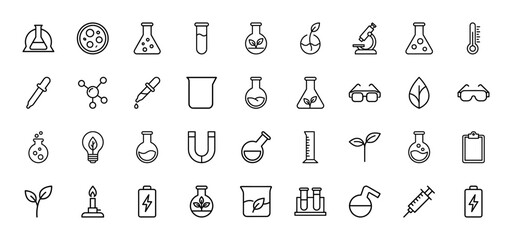 Science and laboratory line icon set. Vector pictograms of flasks, microscope, molecule, beaker, burner, magnet, syringe, and test tubes, thin outline illustration.