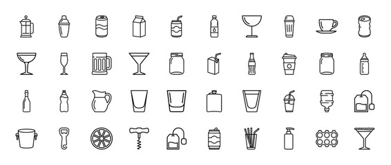 Fototapeta premium Beverage and bar line icon set. Vector pictograms of glassware, soda can, coffee cup, beer mug, wine bottle, tea bag, cocktail shaker and straws, thin outline illustration.