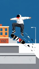 Dynamic Illustration of a Skateboarder Performing a Trick Above a Urban Ledge