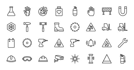 Industrial safety and construction line icon set. Vector pictograms of helmet, goggles, forklift, drill, fire extinguisher, saw, wrench, and hazard signs, outline illustration.