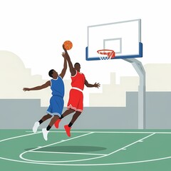 Two Male Basketball Players Jumping to Shoot and Block on Court