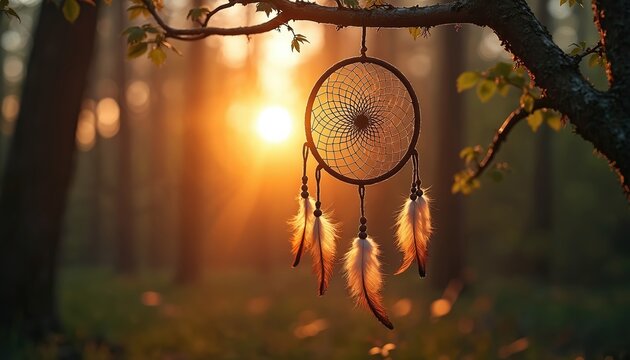Dream catcher with feathers hangs on tree branch. Sunset sun rays illuminate forest nature. Spiritual symbol filters bad dreams, brings good sleep. Mystical forest background.