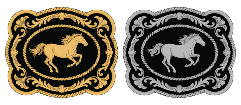 Horse Label Belt Buckle Wild Western Rodeo Ranch Cowboy Style Tag Design, Gold and Silver Stylized Silhouette Vector, Featuring Equestrian Motifs, Country Artwork, and Rustic Western Graphics