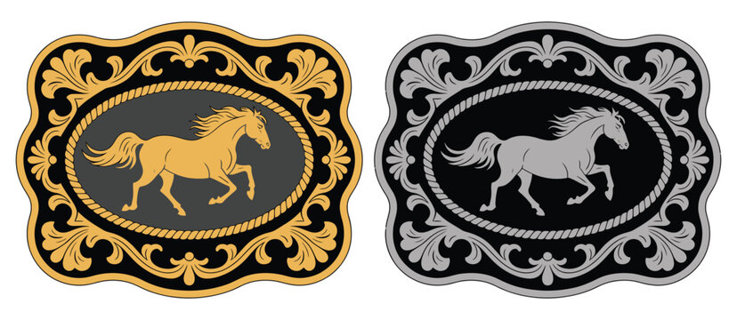 Horse Label Belt Buckle Wild Western Rodeo Ranch Cowboy Style Tag Design, Vector Silhouette in Gold and Silver, Including Rodeo Symbols, Cowboy Culture, Western Festival Artwork, and Ranch Deco
