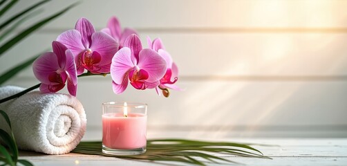 Pink orchid flowers rest on a clean white towel. A lit candle glows next to green leaves, offering a peaceful spa ambiance. Soft light illuminates the scene.