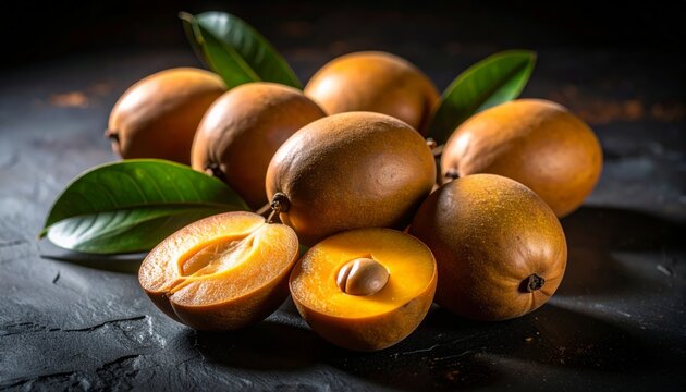 Luscious mamey sapote fruits displayed with sliced halves on dark surface creating