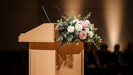 Elegant wooden lectern adorned with roses and foliage for ceremonies