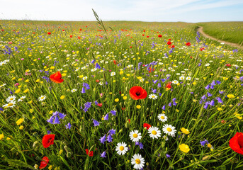 Expansive meadow teeming with colorful spring wildflowers, showcasing nature's vibrant beauty and a peaceful outdoor environment, evoking tranquility and ecological harmony