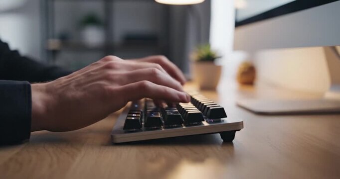 Close up of hands typing on a keyboard in a dimly lit office.