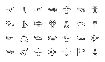 Fototapeta premium Aviation line icon set. Vector pictograms of commercial airplane, helicopter, rocket, zeppelin, glider, stealth jet, biplane, and seaplane, thin outline illustration.