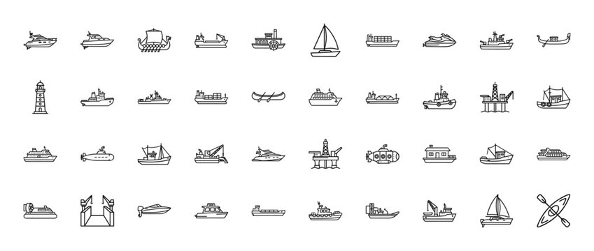 Maritime and water transport icon set. Vector pictograms of yacht, sailboat, cargo ship, submarine, ferry, oil rig, kayak, and jet ski, thin outline illustration.