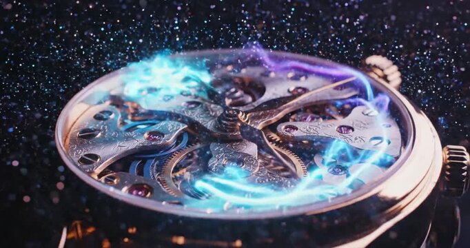 Close-up of a Mechanical Watch Movement with Cosmic Effects.