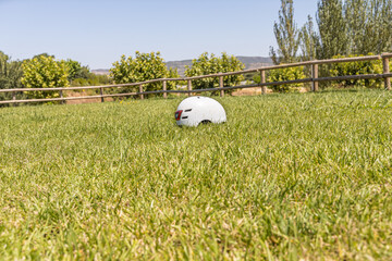 A white helmet on the green grass background