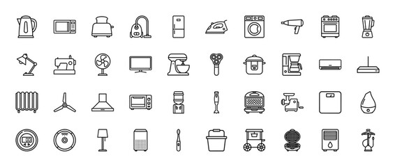 Fototapeta premium Home appliances line icon set. Vector pictograms of kettle, microwave, toaster, vacuum, refrigerator, washing machine, hair dryer, stove, blender, and fan illustration.