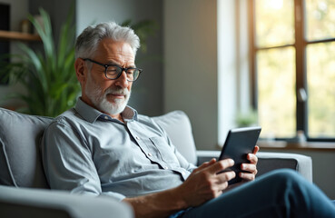 Senior man with glasses uses digital tablet on sofa at home. Smiling older professional works on device while relaxing indoors. Mature adult connects online with casual attire. Peaceful home office.
