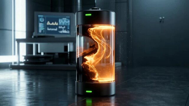 Glass cylinder contains glowing amber fluid and a suspended specimen in a high-tech laboratory. Monitors and equipment surround the containment chamber. The scene suggests experimental research,  biot