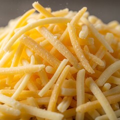 Macro image of shredded cheddar cheese, perfect for culinary themes