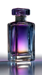 
A rectangular perfume bottle, with purple and black colors, on a white background, with a glass texture, with light reflections, with light rays of pink color, with an elegant shape and curves in its