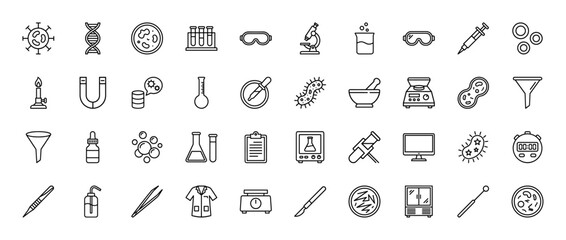 Laboratory science line icon set featuring vector pictograms of microscope, dna, bacteria, test tubes, petri dish, syringe, pipette, and flask in thin outline style.