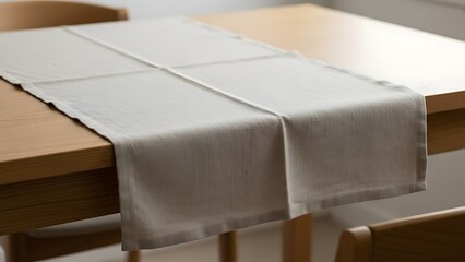 Minimalist linen runner draped on a wooden dining table decor detail