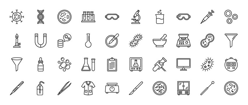 Laboratory science line icon set featuring vector pictograms of microscope, dna, bacteria, test tubes, petri dish, syringe, pipette, and flask in thin outline style.