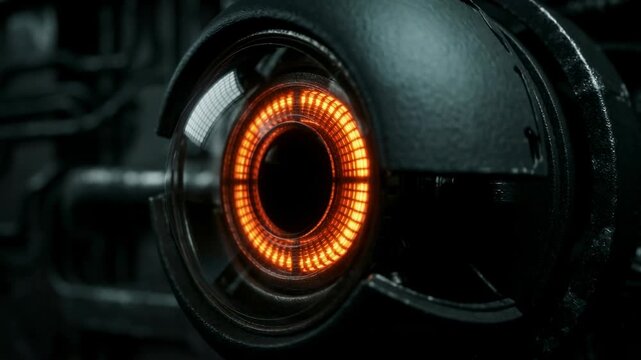 Mechanical core glows with concentric orange rings and warm illumination. The device sits in a dim industrial environment suggesting power generation or futuristic machinery. Close-up emphasizes metal