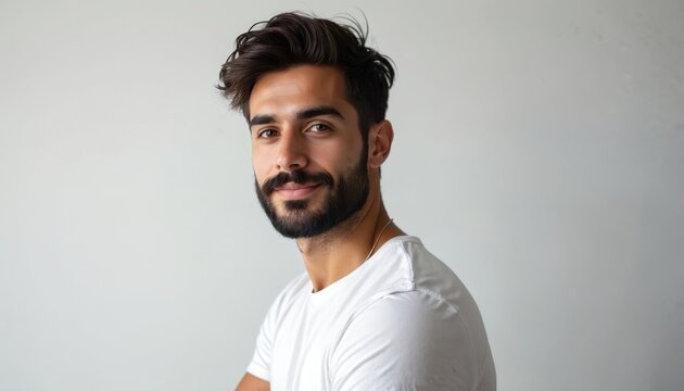 Young bearded man in white t-shirt poses against grey wall. He smiles confidently looking at camera. Healthy person shows good grooming, stylish hair and beard. Model works in studio.