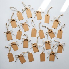 Neat Array of Blank Paper Tags Tied with Rustic String Bows on Plain Surface