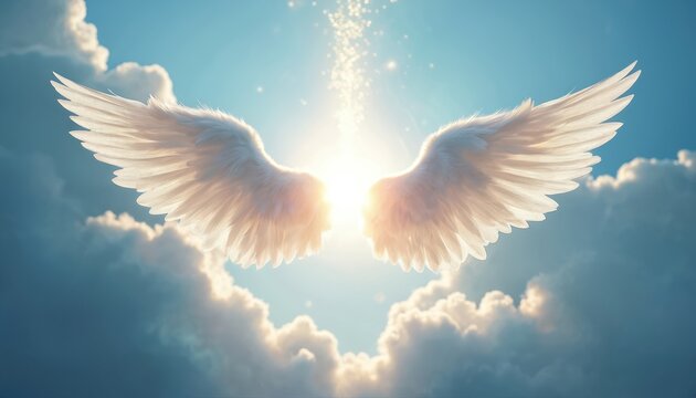 Pair of ethereal white angel wings spread open against a bright sunlit sky with clouds. Light flares and sparkles descend from above, creating a heavenly scene.
