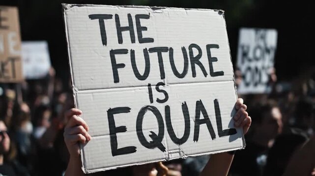 Activist holding 'The Future is Equal' sign at a protest, advocating for International Women's Day Gender Equality and human rights.