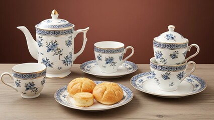 Delicate Tea Set with Croissants on Table.