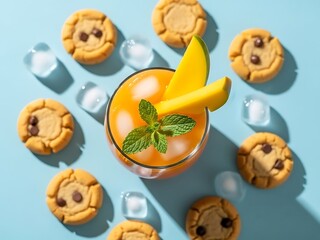 Refreshing mango smoothie and tasty cookies on a vibrant blue background