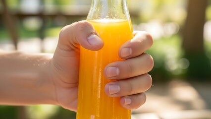 Refreshing orange juice embraced by hand on a sunny day, close-up
