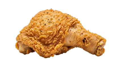Single fried chicken thigh with perfectly seasoned and crispy golden brown skin isolated on white background